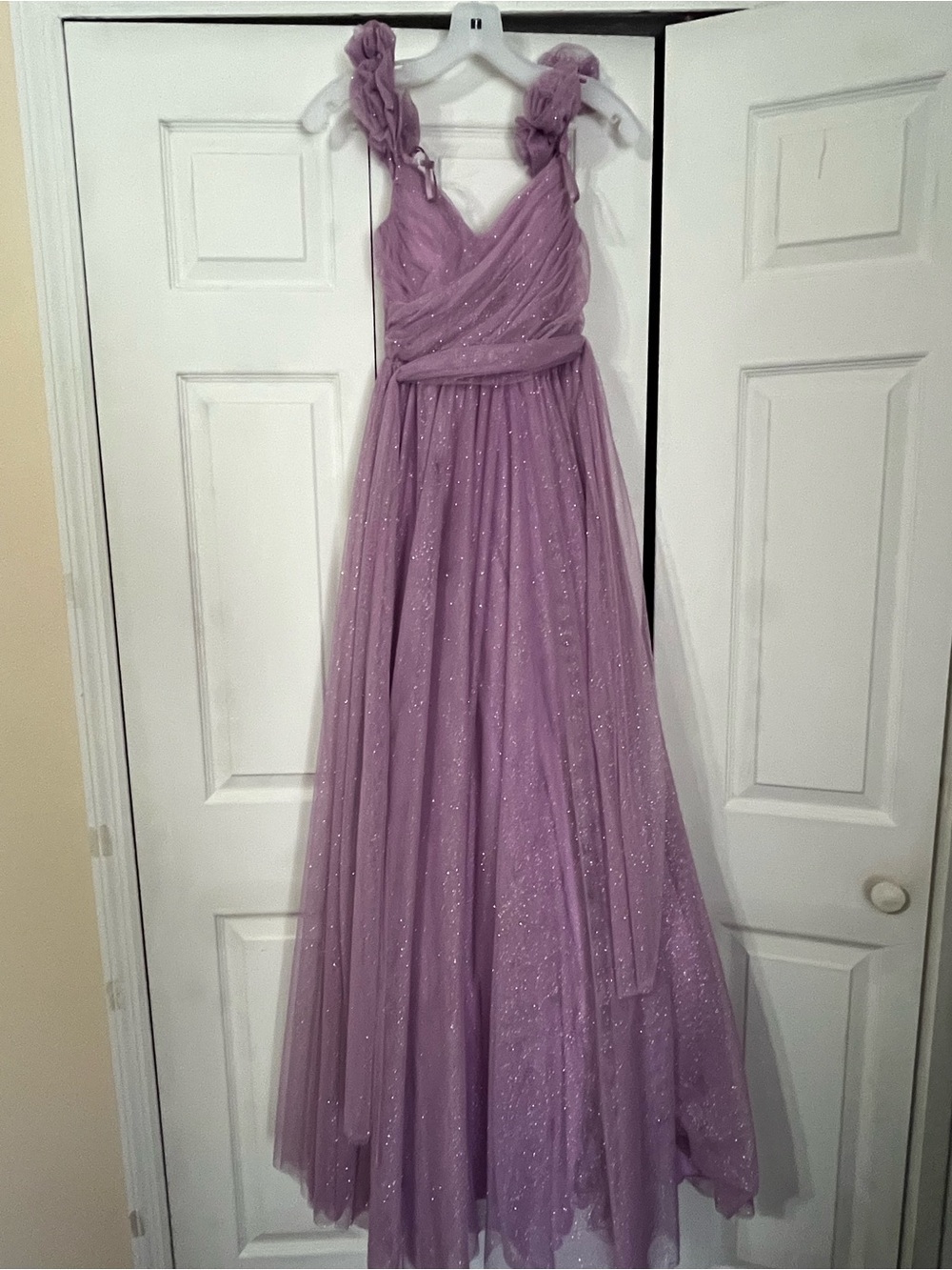 Lavender Sparkle Tulle Prom Gown with Ruffled Straps